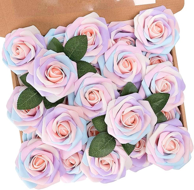 NT NIETING Artificial Flowers 25Pcs Fake Flowers Roses Perfect for DIY Wedding Bouquets Centerpieces Bridal Shower Party Home Flower Arrangement Decorations Rainbow Color