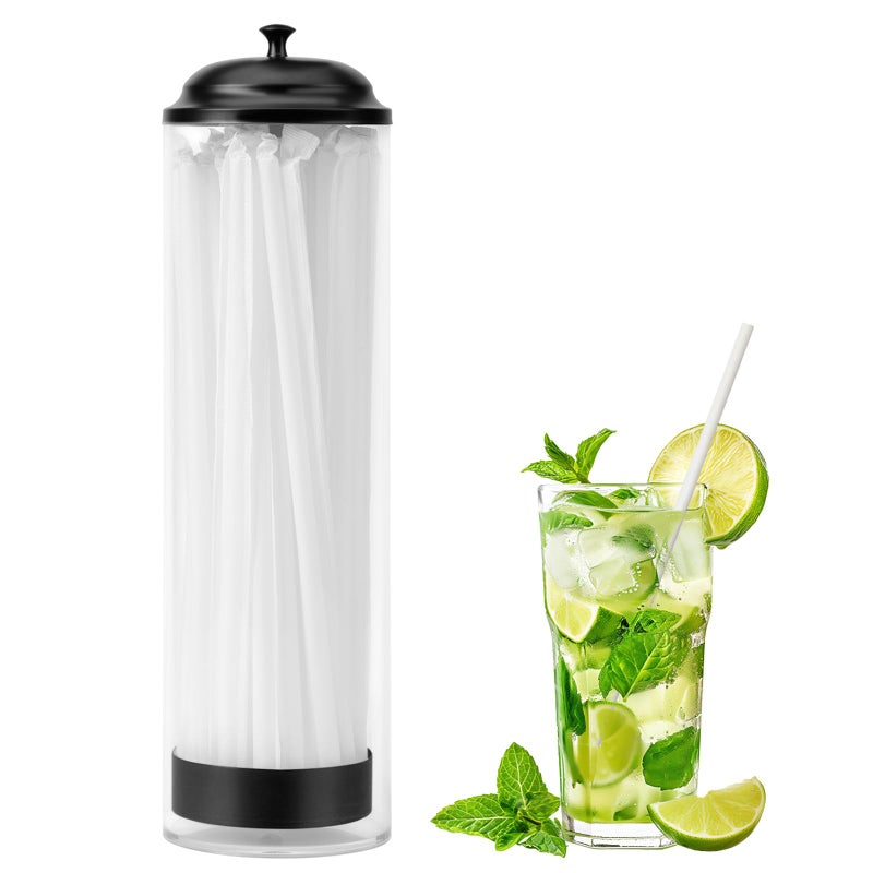 DUNTON 13.77 inch Straw Holder for Standard & Long Bended Size Drinking Straws,Straw Dispenser for Counter With Black Lid,Clear Drinking Organizer Container for Kitchen(Straws Include) - Image 1