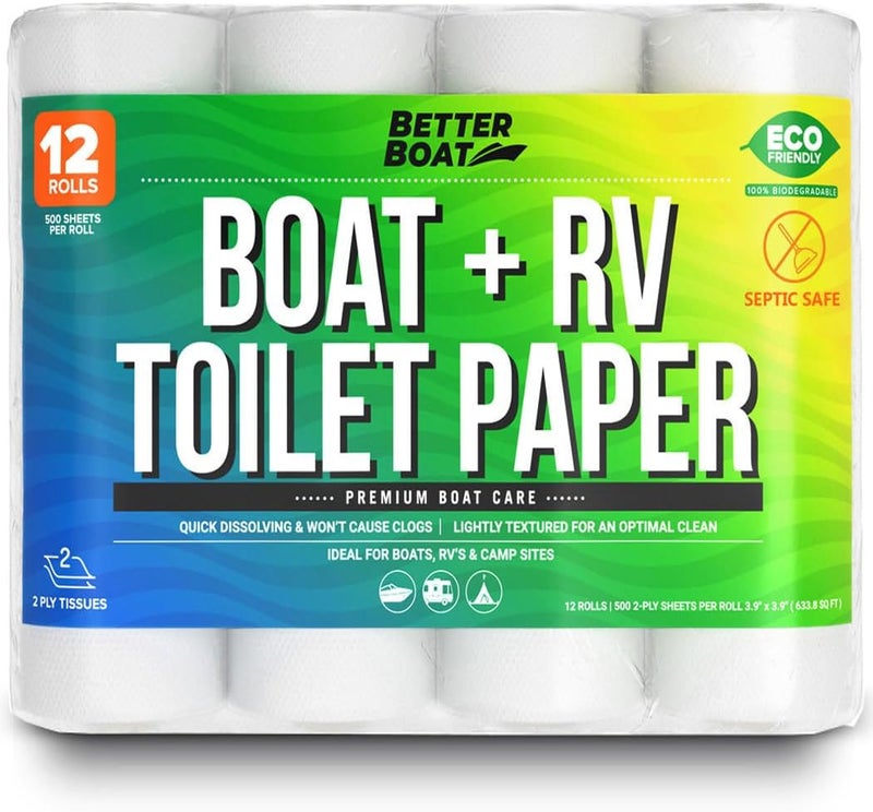 Better Boat Boat and RV Toilet Paper, Septic Safe Quick Dissolving Tissue, 12 Single Rolls, Biodegradable 2-Ply for Marine, Travel, and Camper Systems, Camping Tank-Safe Bulk Pack - Image 1