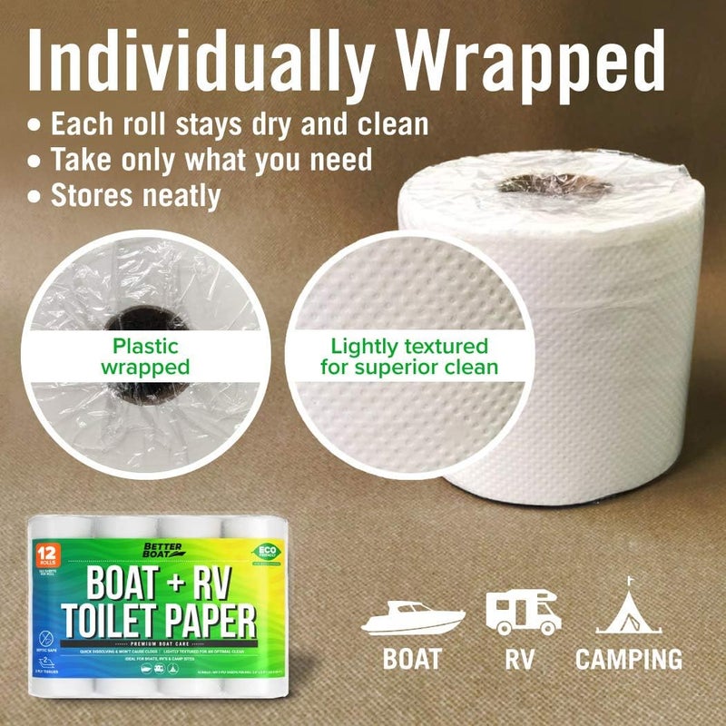 Better Boat Boat and RV Toilet Paper, Septic Safe Quick Dissolving Tissue, 12 Single Rolls, Biodegradable 2-Ply for Marine, Travel, and Camper Systems, Camping Tank-Safe Bulk Pack - Image 4