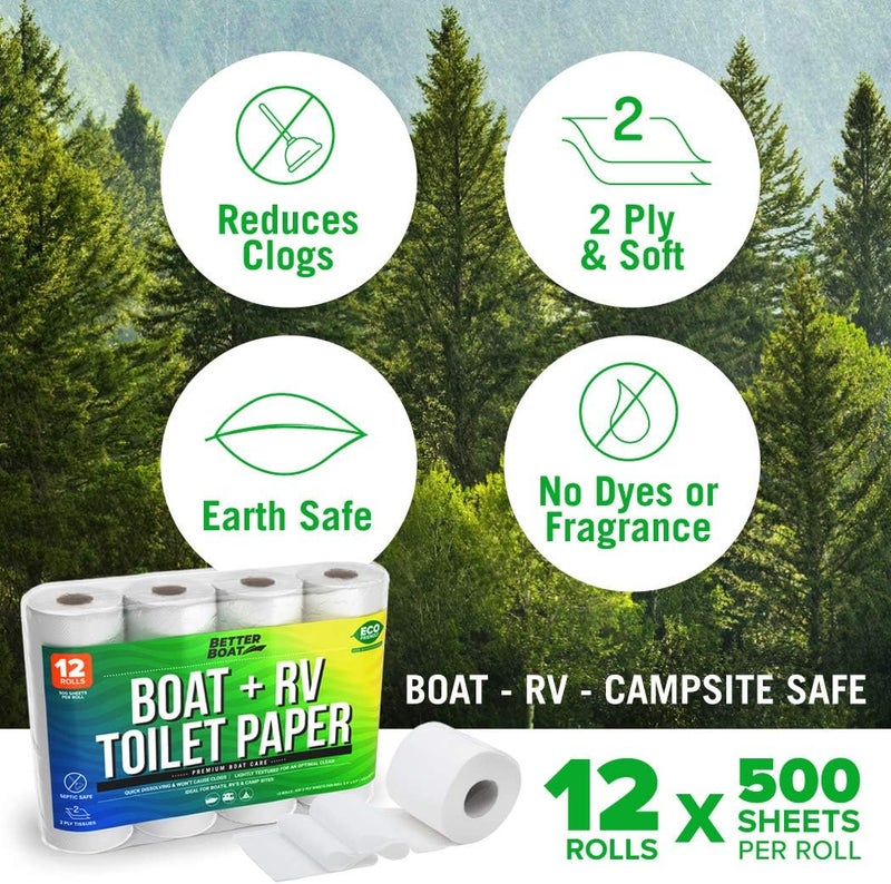Better Boat Boat and RV Toilet Paper, Septic Safe Quick Dissolving Tissue, 12 Single Rolls, Biodegradable 2-Ply for Marine, Travel, and Camper Systems, Camping Tank-Safe Bulk Pack - Image 3