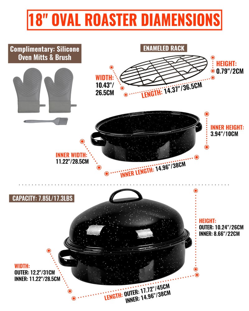 MCCSI Roasting Pan with Lid & Rack 18 Inch 5 Pieces Extra Large Deep Turkey Baking Pan for Oven 572°F Dishwasher Safe Oval Enamel Non-Stick Non-Toxic Pot Mothers Day Gift Domed Roaster Set - Image 2
