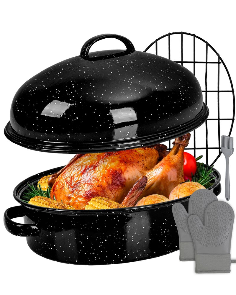 MCCSI Roasting Pan with Lid & Rack 18 Inch 5 Pieces Extra Large Deep Turkey Baking Pan for Oven 572°F Dishwasher Safe Oval Enamel Non-Stick Non-Toxic Pot Mothers Day Gift Domed Roaster Set - Image 1