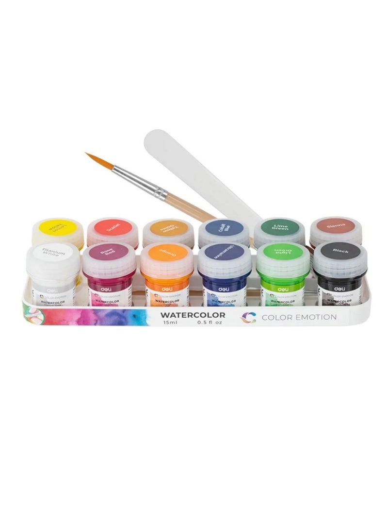 Deli 12-Piece Watercolour Set 15ml Content Per Bottle Multicolour With Paint Brush And Blending Brush - Image 1