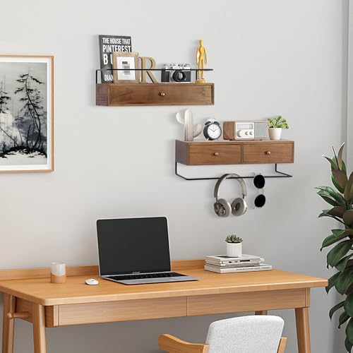 dreampossible Floating Shelves for Wall Storage, Wall Mounted Bathroom Shelf with Drawers Set of 2, Rustic Wood Floating Drawers for Living Room, Kitchen, Home Decor, Plants, Books - Image 3