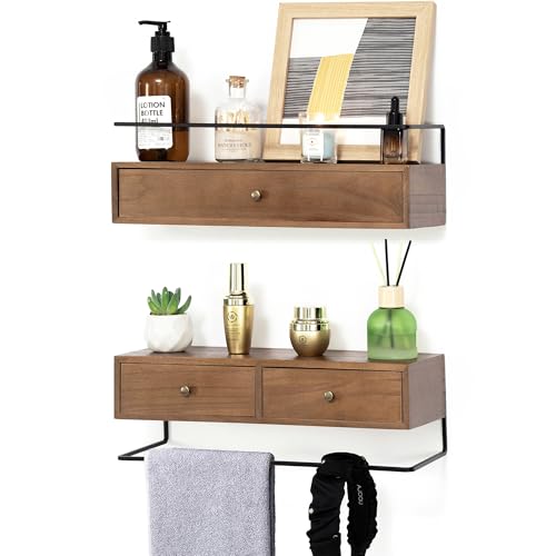dreampossible Floating Shelves for Wall Storage, Wall Mounted Bathroom Shelf with Drawers Set of 2, Rustic Wood Floating Drawers for Living Room, Kitchen, Home Decor, Plants, Books - Image 1