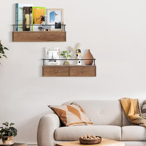 dreampossible Floating Shelves for Wall Storage, Wall Mounted Bathroom Shelf with Drawers Set of 2, Rustic Wood Floating Drawers for Living Room, Kitchen, Home Decor, Plants, Books - Image 2