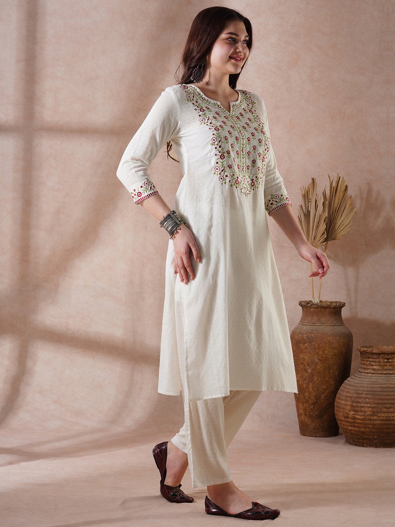 globus Globus Women Off White Floral Embroidered Yoke Straight Kurta With Pants Festive Set  - Image 2