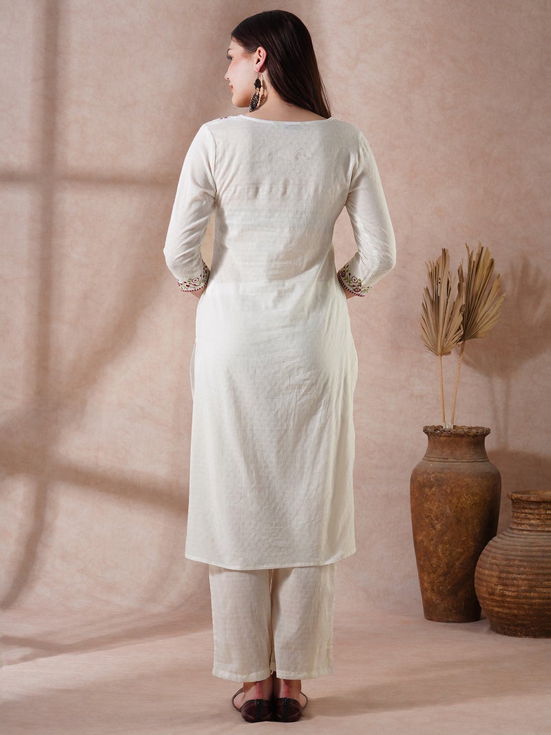 globus Globus Women Off White Floral Embroidered Yoke Straight Kurta With Pants Festive Set  - Image 3