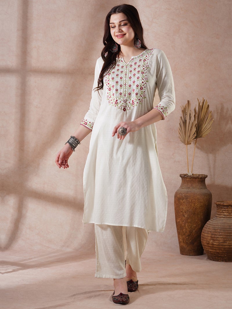 globus Globus Women Off White Floral Embroidered Yoke Straight Kurta With Pants Festive Set  - Image 1