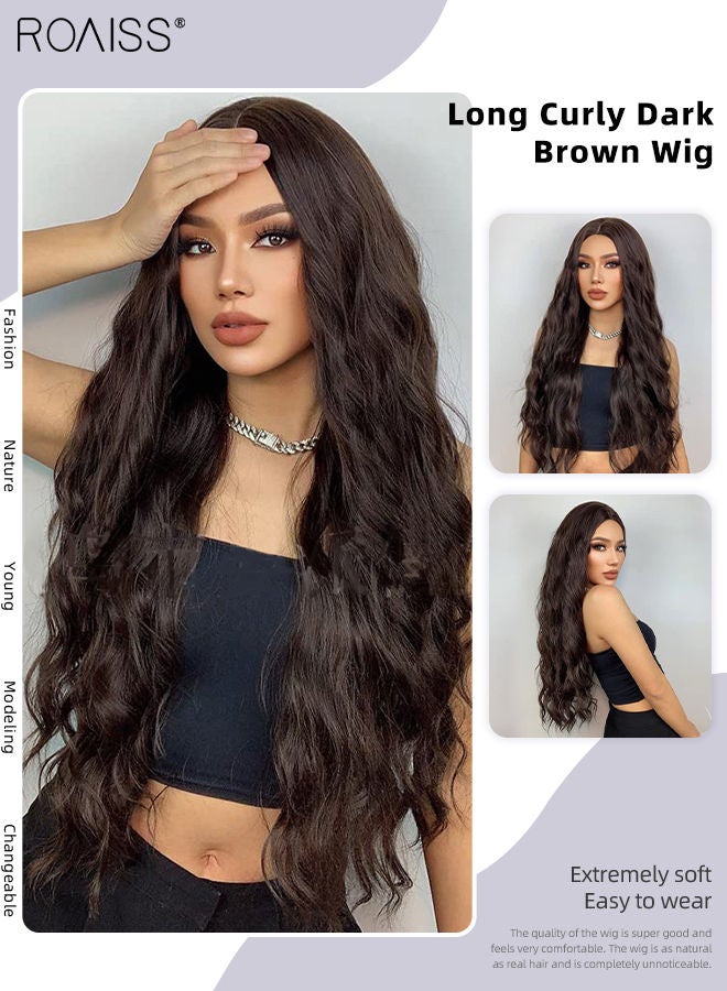 roaiss Long Curly Dark Brown Wig, Women's Middle Parting Natural Soft Synthetic Heat Resistant Hair Wig for Wedding Cosplay Party Daily Wear, 65cm (26 inches) - Image 1