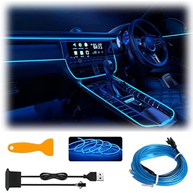 NALACAL شريط إضاءة داخلي للسيارة من El Wire LED مزود بمنفذ USB وأضواء نيون سلكية بطول 5 أمتار و165 قدمًا، مجموعة إضاءة محيطية متوهجة كهربائية لتزيين السيارة - Image 2