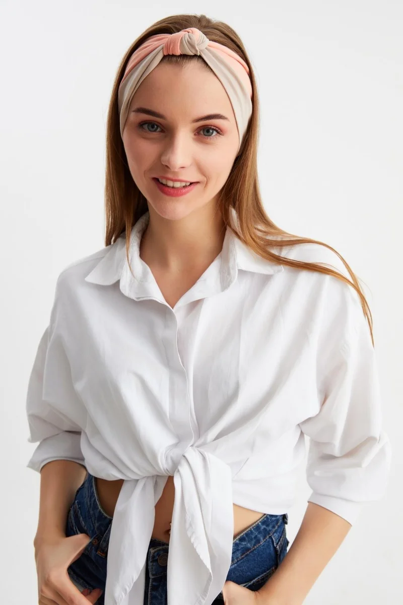 Butikgiz Beige-Salmon Women's Phenomen Style Cotton Combed Comb, Non-Slip, Soft, Flexible, Hair Band Bandana