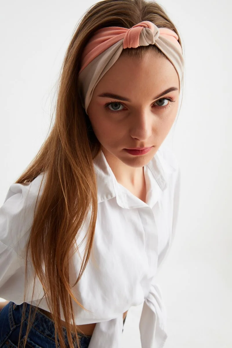 Butikgiz Beige-Salmon Women's Phenomen Style Cotton Combed Comb, Non-Slip, Soft, Flexible, Hair Band Bandana