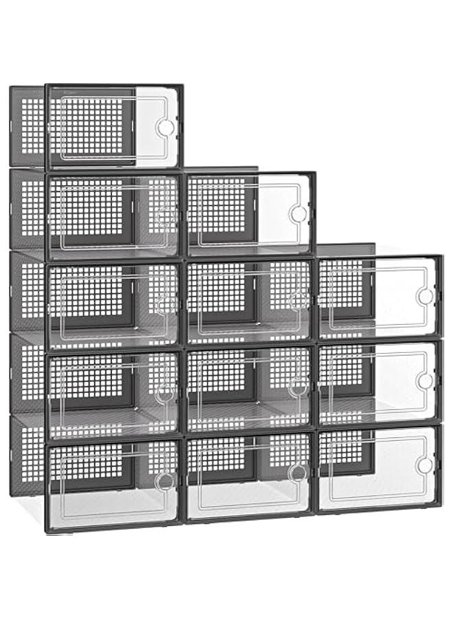 HOOKOR Large 12 Pack Shoe Storage Box, Clear Plastic Stackable Shoe Organizer for Closet, Shoe Rack Sneaker Containers Bins Holders (Black)  - Image 1