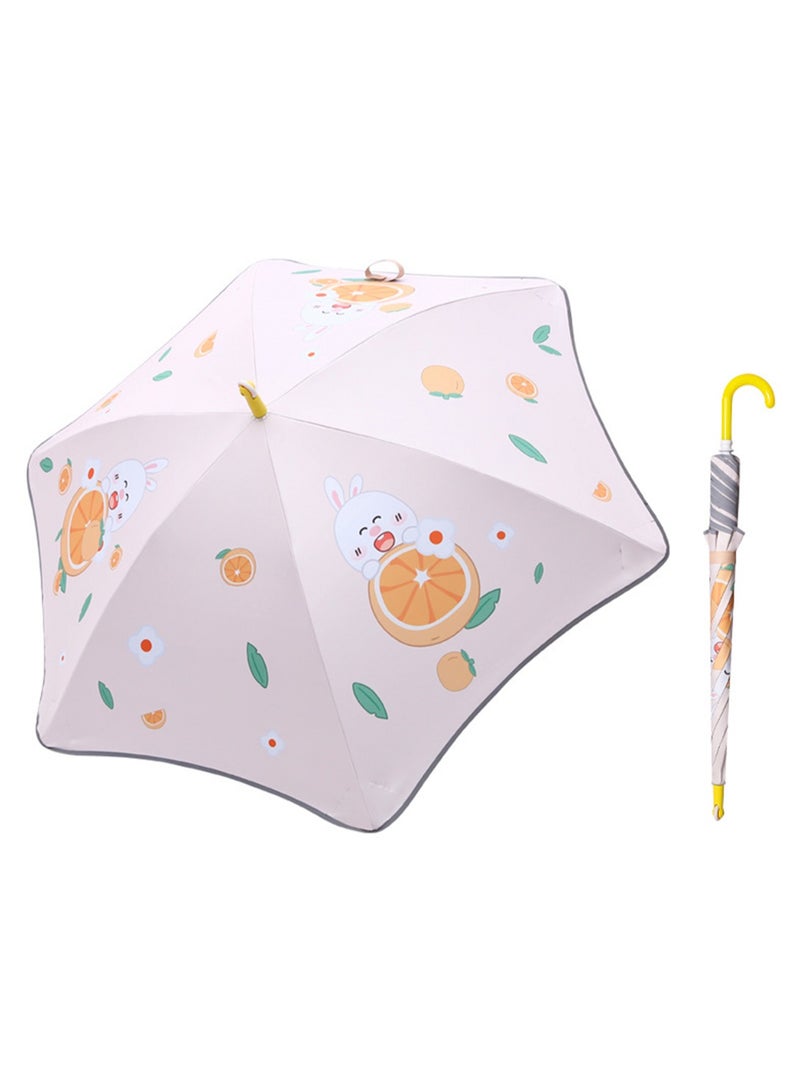 Cute Cartoon Pattern Children'S Umbrella, Black Plastic Material Dual-Purpose Umbrella, Suitable For Boys And Girls, Elementary School Students, Babies And Kindergartens, Large Long Handle With Pulleys, Reflective Rounded Corners (Orange Rabbit) - Image 1
