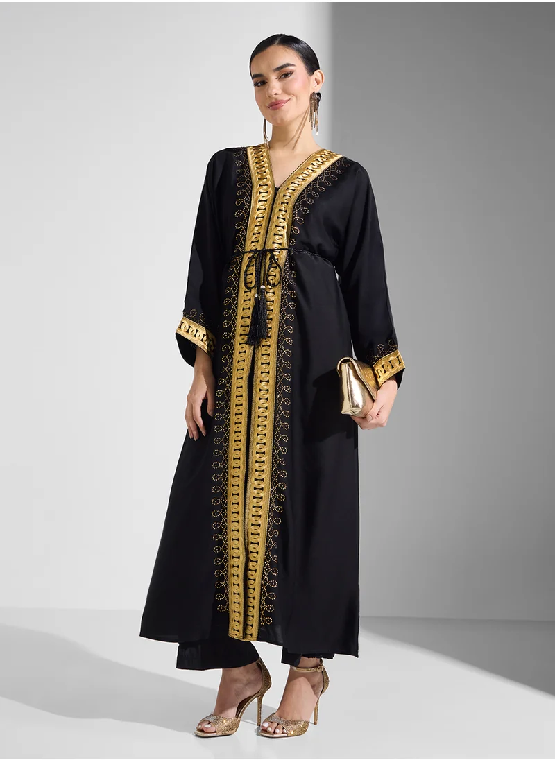 ARABIAN CLOSET Embroidered Open Abaya Wih Belt