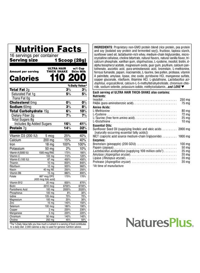 Nature's Plus شيك بروتين الشعر الكثيف من ناتشرز بلس 1 رطل بنكهة الفانيليا الفرنسية مكمل لنمو الشعر الصحي مع الفيتامينات والمعادن خالي من الكائنات المعدلة وراثيًا وخالي من الغلوتين 16 حصة - Image 5