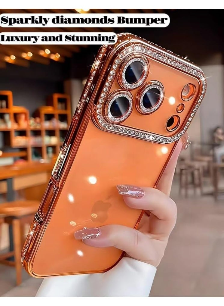 HaDoii for iPhone 17 Pro Max Case Clear Glitter, Orange, Cute Luxury 3D Sparkly Bling Diamond Rhinestone Camera Lens Protector Soft Plating TPU Bumper Transparent Women Girls Phone Case for iPhone 17 Pro Max - Image 5