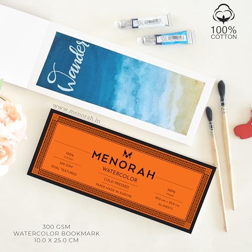 MENORAH – Watercolor Loose Paper/Pad -300 gsm-100% Cotton- (10.0 cm x 25.0 cm)-(20 Sheets / 40 Pages) – DIY Bookmark - Dual Texture - Acrylic, Gouache, Water Color, Tempera, Pen Art-Glued End Pad - Image 3