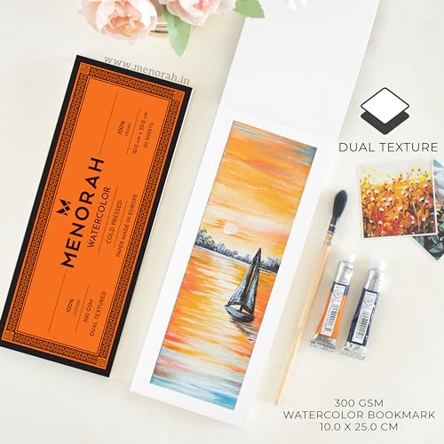 MENORAH – Watercolor Loose Paper/Pad -300 gsm-100% Cotton- (10.0 cm x 25.0 cm)-(20 Sheets / 40 Pages) – DIY Bookmark - Dual Texture - Acrylic, Gouache, Water Color, Tempera, Pen Art-Glued End Pad - Image 5