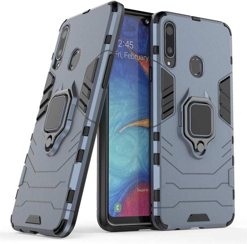 مايجين غطاء LuluMain متوافق مع Galaxy A20S، غطاء صلب مقاوم للصدمات مع حلقة معدنية وحامل قابل للطي (يعمل مع حامل السيارة المغناطيسي) طبقة مزدوجة متينة لـ Samsung Galaxy A20s (أزرق داكن) - Image 1