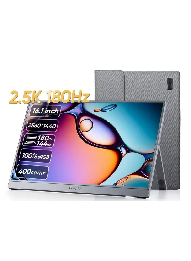 ARZOPA شاشة محمولة 16.1 بوصة 2.5K QHD بدقة 2560x1440، شاشة ألعاب 180Hz مع HDR، 107% sRGB، قاعدة قابلة للطي، شاشة رعاية العين فائقة النحافة للابتوب، الكمبيوتر، PS5، ماك، إكس بوكس – شاشة خارجية ثانية Z3FC - Image 1
