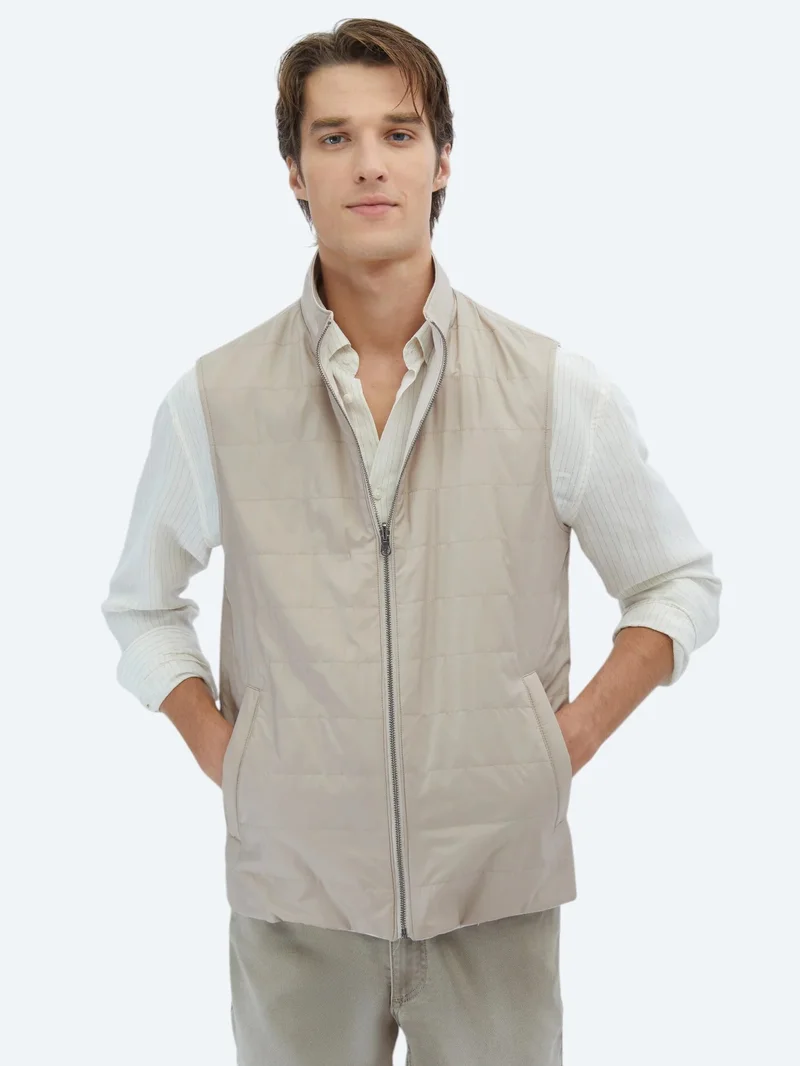 Kip Light Beige Regular Fit Turtleneck Weaving Puffer Vest