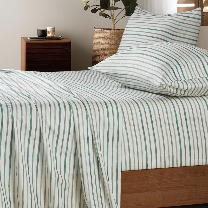 HYPREST Green and White Striped Sheets King Size, Deep Pocket King Sheets up to 18 Inch, Soft Shabby Chic Bed Sheets Patterned King Sheets Sets - Image 1