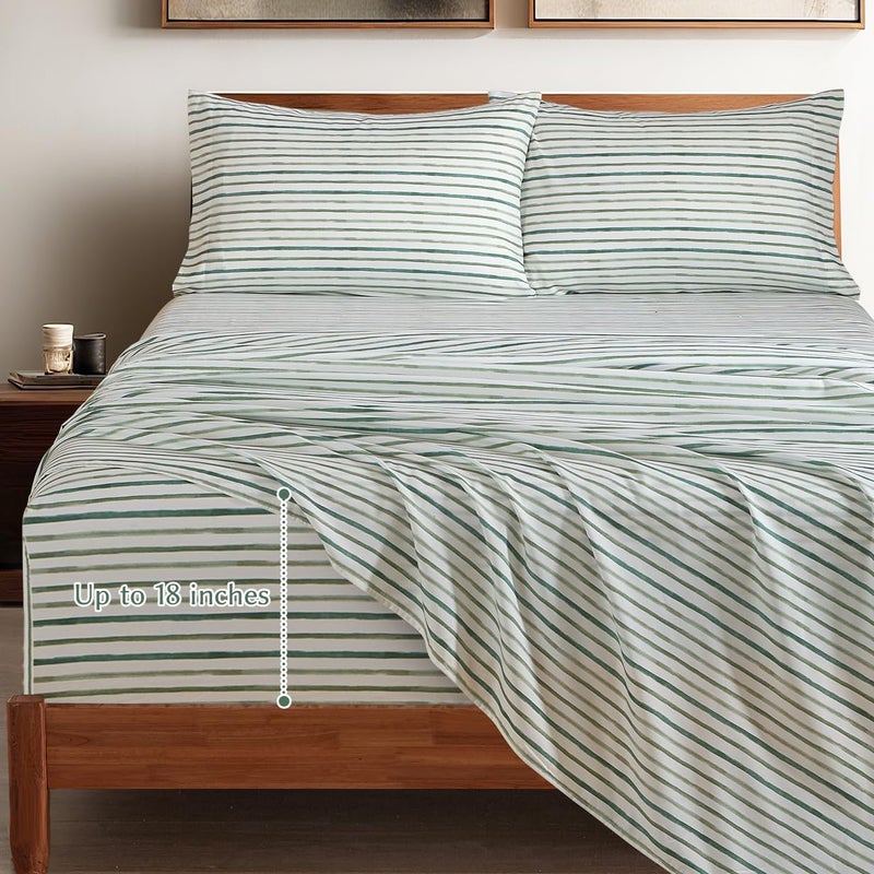HYPREST Green and White Striped Sheets King Size, Deep Pocket King Sheets up to 18 Inch, Soft Shabby Chic Bed Sheets Patterned King Sheets Sets - Image 5