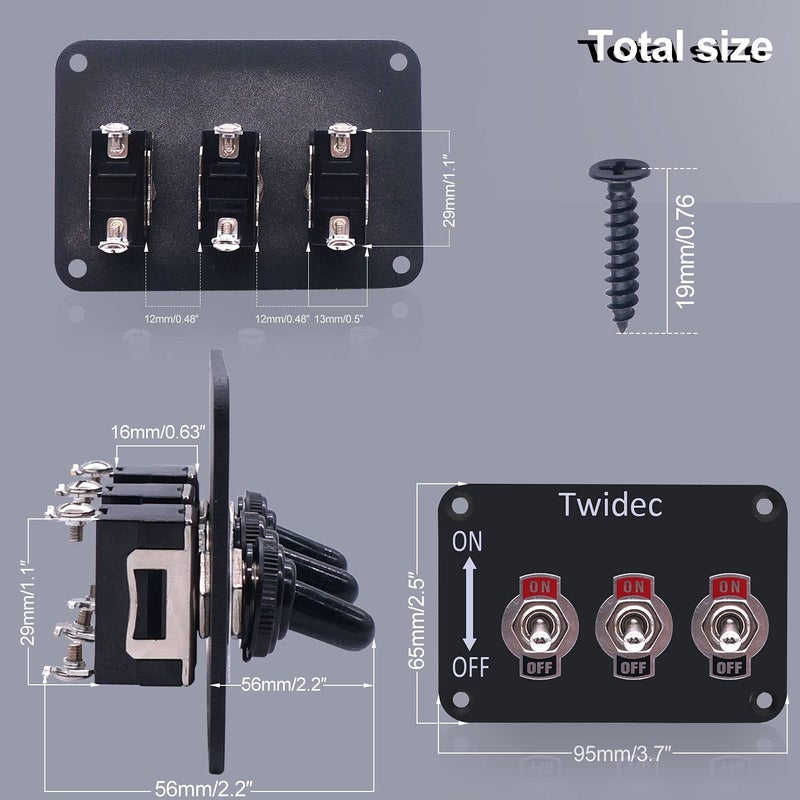 Twidec /3 Gang Rocker Toggle Switch Metal Panel with 16A 250V AC/12V DC SPST 2 Position 2 Pin ON/Off Switch Plate and Waterproof Boot Cap Cover TEN-1021-B101-BMZ - Image 5