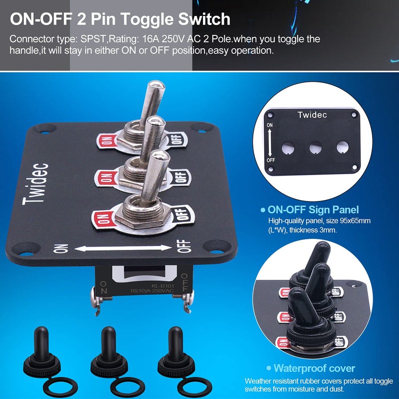 Twidec /3 Gang Rocker Toggle Switch Metal Panel with 16A 250V AC/12V DC SPST 2 Position 2 Pin ON/Off Switch Plate and Waterproof Boot Cap Cover TEN-1021-B101-BMZ - Image 3