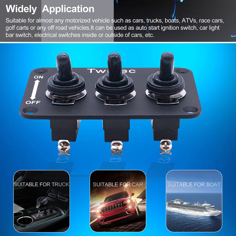 Twidec /3 Gang Rocker Toggle Switch Metal Panel with 16A 250V AC/12V DC SPST 2 Position 2 Pin ON/Off Switch Plate and Waterproof Boot Cap Cover TEN-1021-B101-BMZ - Image 4