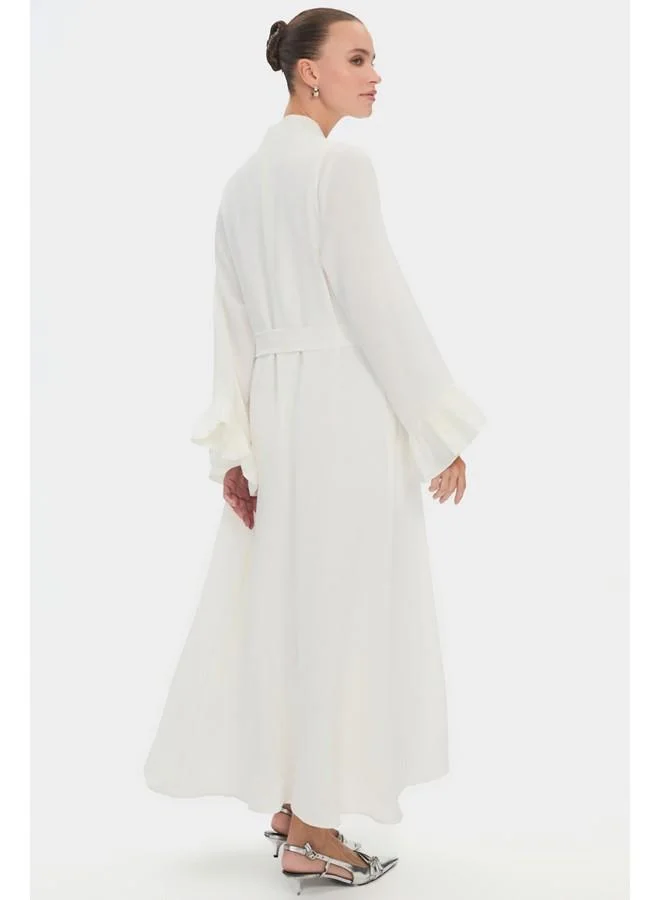 JUNE June Women Crew Neck Sleeves Ruffle Waist Tie Detailed Floppy Abaya Ecru