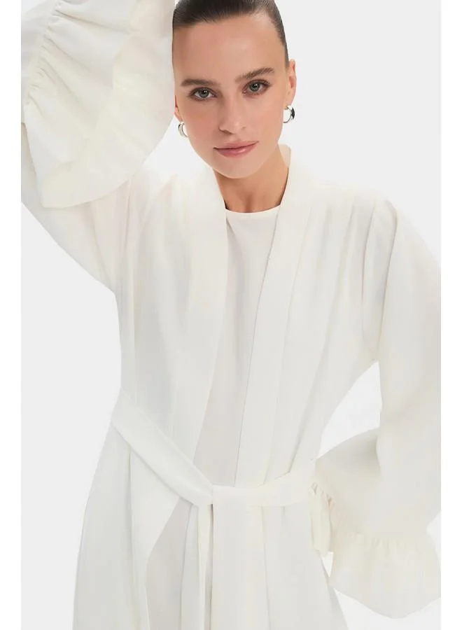 JUNE June Women Crew Neck Sleeves Ruffle Waist Tie Detailed Floppy Abaya Ecru