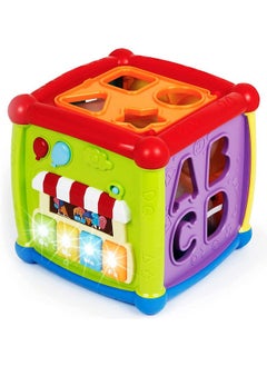 Toyshine Baby Activity Cube - 6-in-1 Musical Baby Learning Toys, Play Set Includes A-B-C-D Letters, Colorful Shape Sorter, Vehicles Puzzle, 4 Piano Keys and More