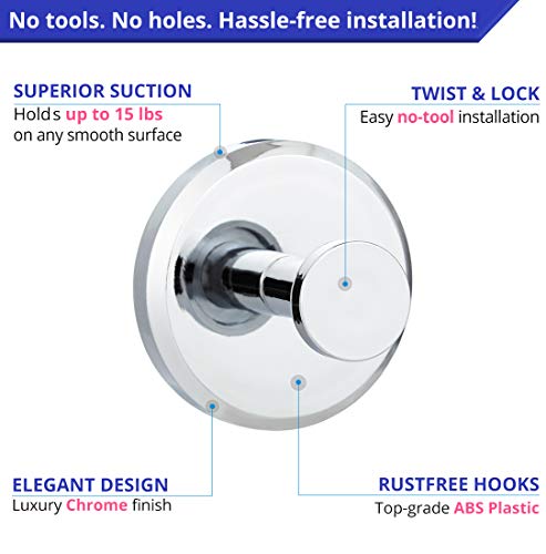 HOME SO Suction Cup Hooks for Shower, Bathroom, Kitchen, Glass Door, Mirror, Tile – Loofah, Towel, Coat, Bath Robe Hook Holder for Hanging up to 15 lbs – Waterproof & Rustproof, Chrome (2-Pack) … - Image 5