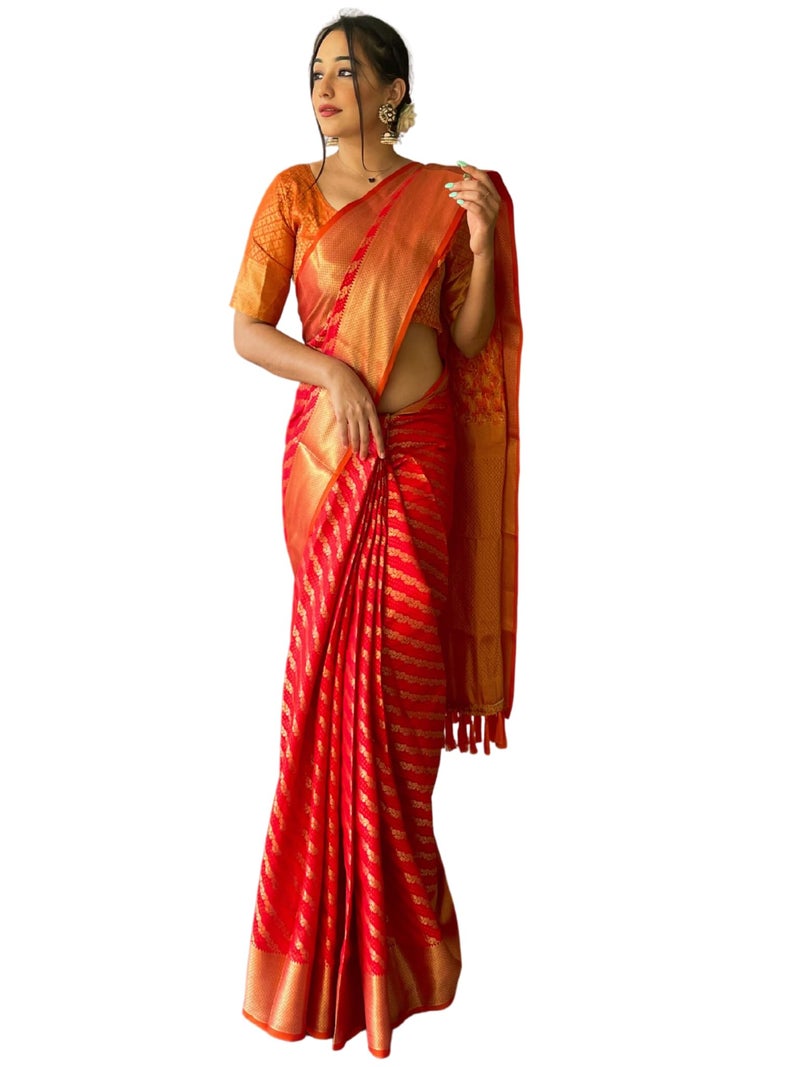 SGF11 Women's Leriya patola Soft Lichi Silk Banarasi Sarees With Blouse Piece (Red) - Image 5