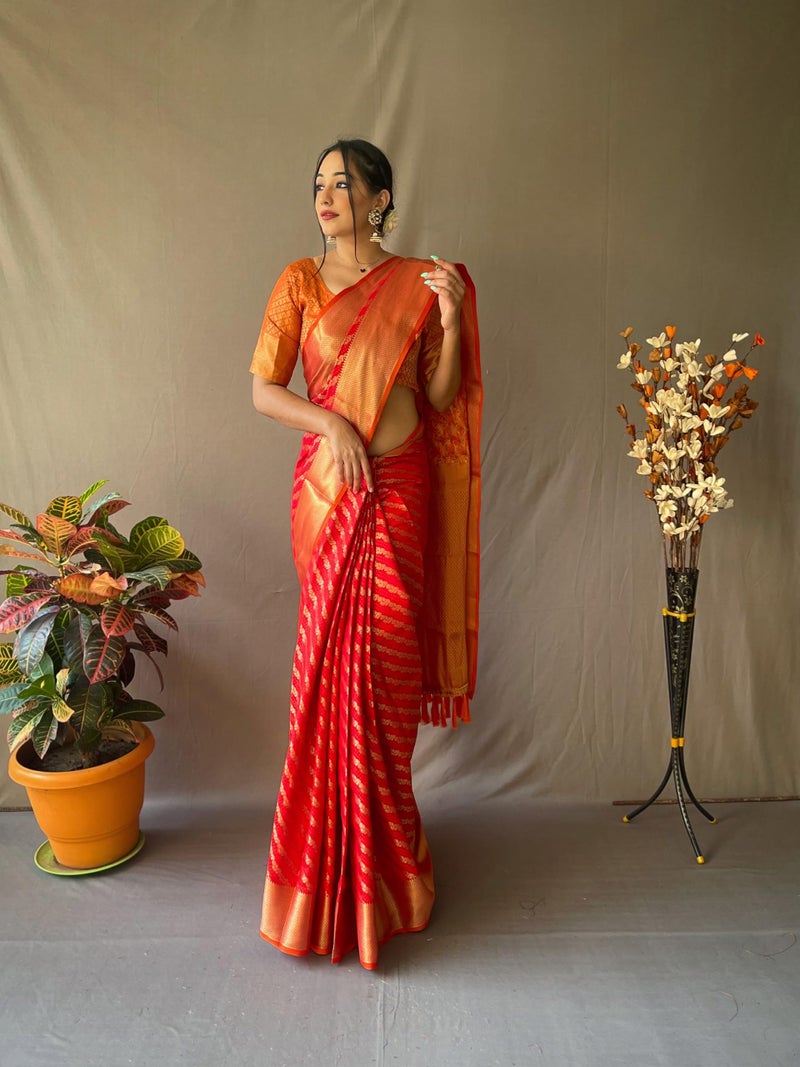 SGF11 Women's Leriya patola Soft Lichi Silk Banarasi Sarees With Blouse Piece (Red) - Image 2