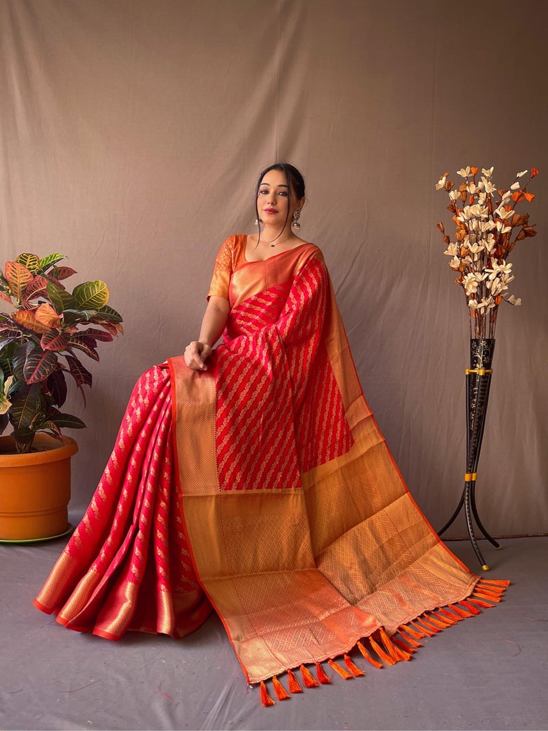 SGF11 Women's Leriya patola Soft Lichi Silk Banarasi Sarees With Blouse Piece (Red) - Image 4