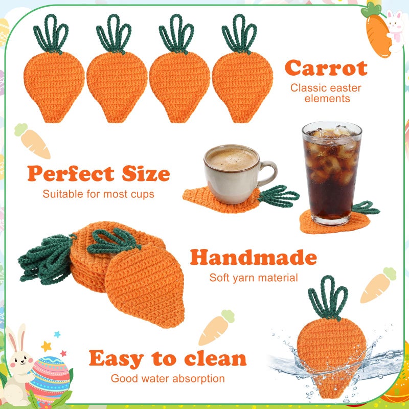 Frienda 4 Pack Easter Carrot Coaster Cute Handmade Drink Crochet Knitted Woven Carrot Cup Mat Spring for Home Kitchen Office Housewarming Party Table Decoration - Image 3