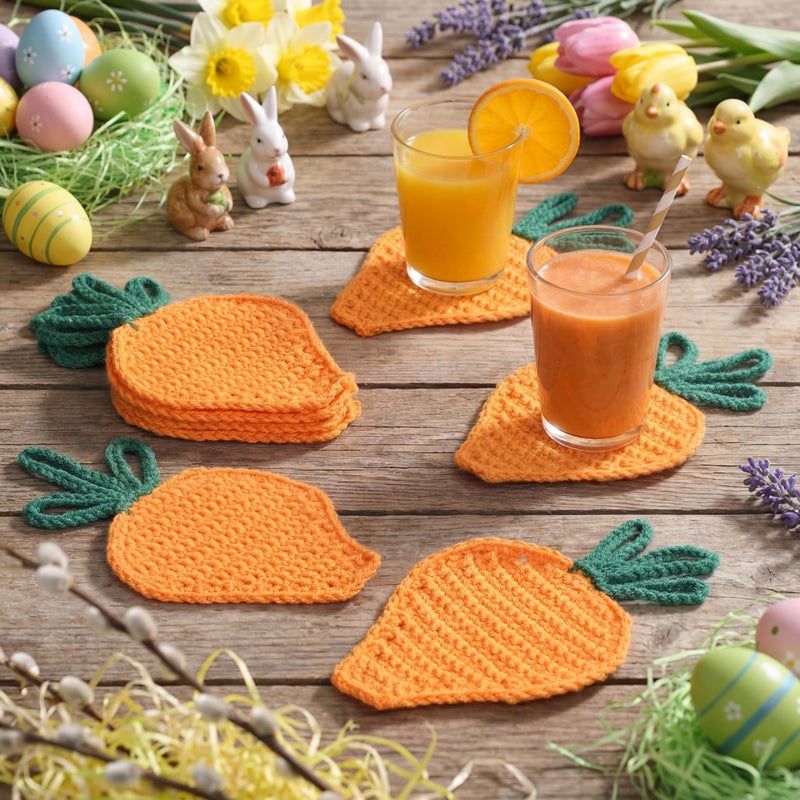 Frienda 4 Pack Easter Carrot Coaster Cute Handmade Drink Crochet Knitted Woven Carrot Cup Mat Spring for Home Kitchen Office Housewarming Party Table Decoration - Image 2