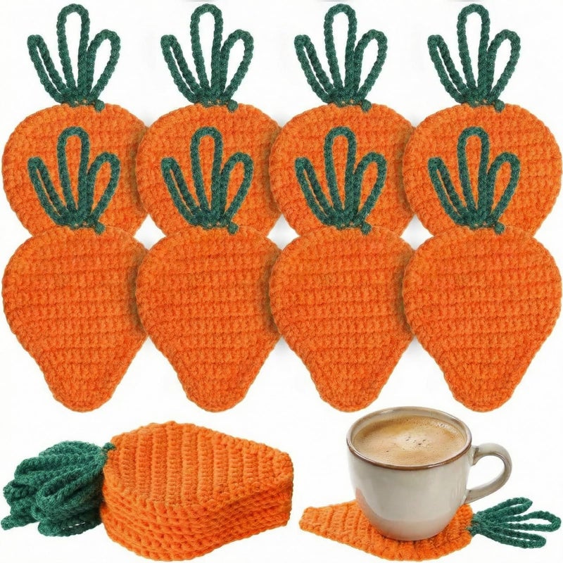 Frienda 4 Pack Easter Carrot Coaster Cute Handmade Drink Crochet Knitted Woven Carrot Cup Mat Spring for Home Kitchen Office Housewarming Party Table Decoration - Image 1