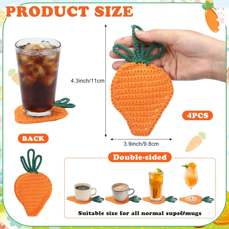 Frienda 4 Pack Easter Carrot Coaster Cute Handmade Drink Crochet Knitted Woven Carrot Cup Mat Spring for Home Kitchen Office Housewarming Party Table Decoration - Image 4
