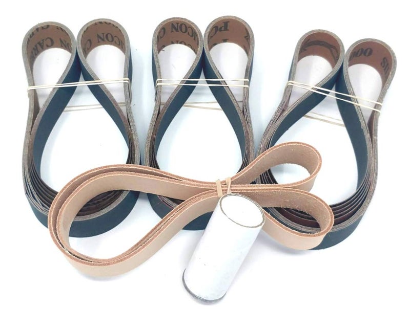 1X30 Knife Sharpening Belt Kit with Super Strop Leather Honing Belt  15 Pack of Premium Quality Silicon Carbide Sharpening Sanding Belts 600 800 1000 Grit