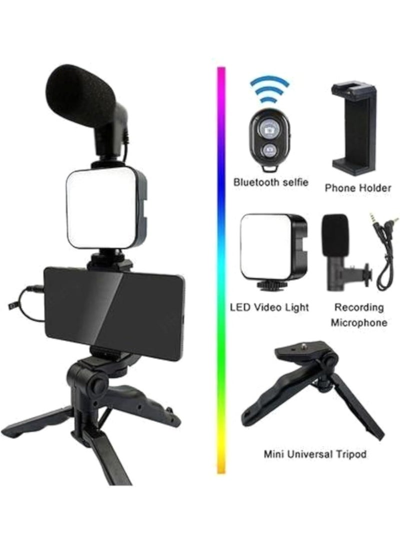 Mobile Phone Stabilizer with Tripod Stand, Mini LED Ring Light, Microphone & Phone Clip – For Live Streaming, Vlogging, Video Calls  - Image 2