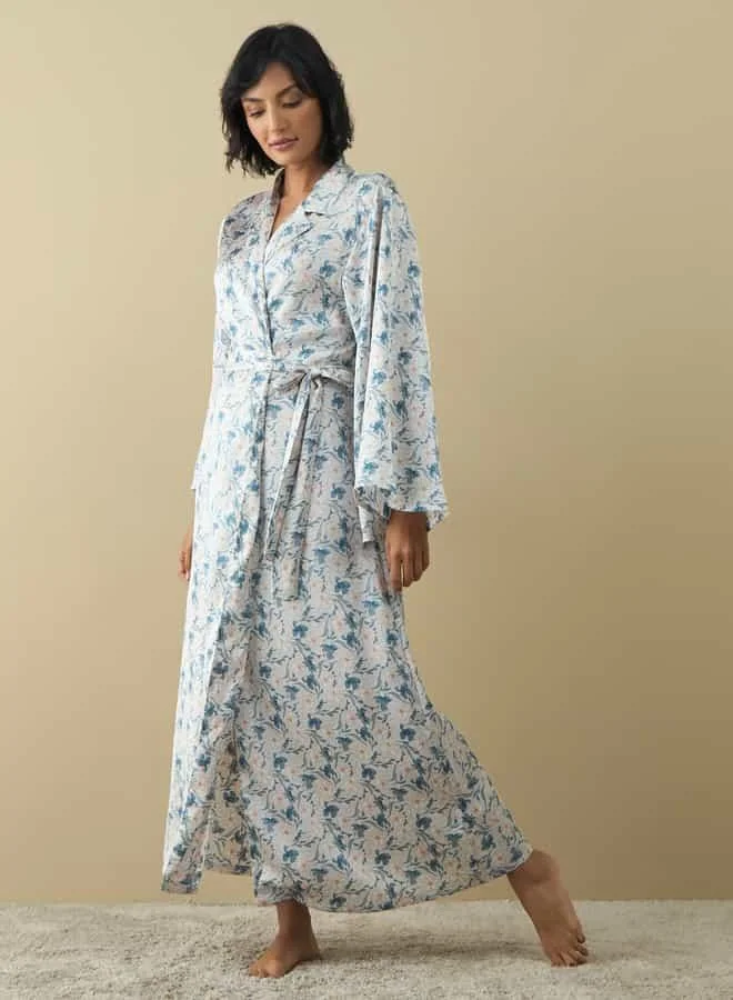 Splash FAV All-Over Floral Print Notch Lapel Robe with Tie-Up Belt