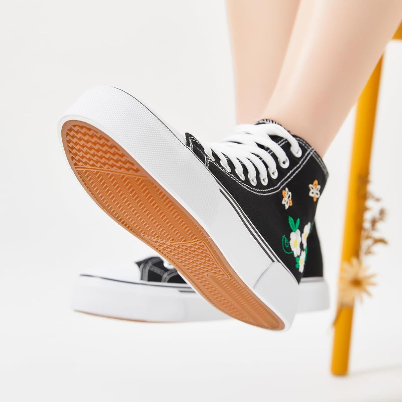 hash bubbie High Top Sneakers for Women Classic High Tops Canvas Shoes Lace up Women's Fashion Sneaker(Black Flower,US7W/US5M) - Image 3