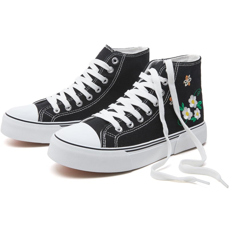 hash bubbie High Top Sneakers for Women Classic High Tops Canvas Shoes Lace up Women's Fashion Sneaker(Black Flower,US7W/US5M) - Image 1