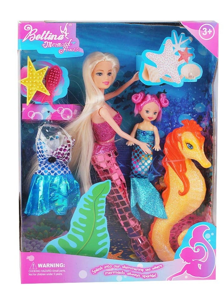 Bettina Mermaid Princess Doll with Little Mermaid & Seahorse Play Gift Set | Mermaid Toys with Accessories and Doll Clothes for Little Girls (Pink) - Image 1
